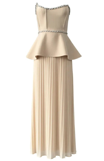 Strapless Crystal Peplum Pleated Midi Dress Nude