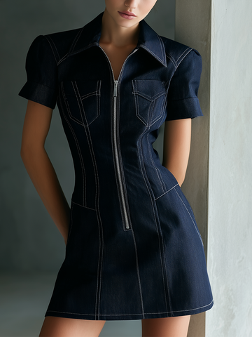 Structured Zip-Front Denim Mini Dress