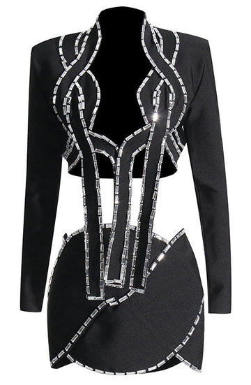 Long Sleeves Crystal Two Piece Dress Black