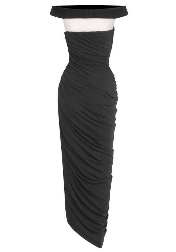 Bardot Draped Mesh Insert Maxi Dress Black