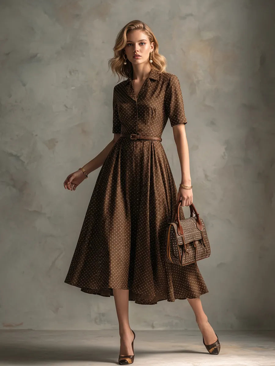 Women's Vintage Brown Cotton-Blend Polka Dot Waisted Shirt Midi Dress MDZ2138D3GMJ