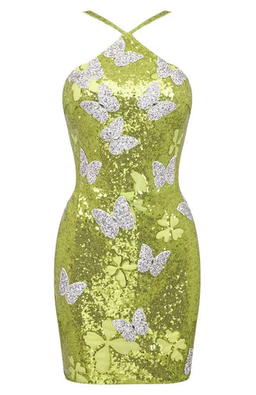 Halter Sequin Butterflies Dress Green