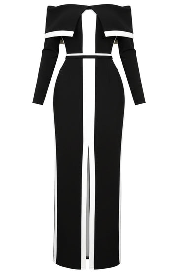 Long Sleeve Bardot Maxi Dress Black White