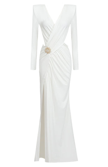 Long Sleeve Draped Maxi Dress White