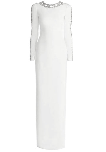 Long Sleeve Crystal Mesh Maxi Dress White
