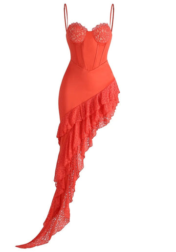 Lace Bustier Ruffle Asymmetric Maxi Dress Red Orange