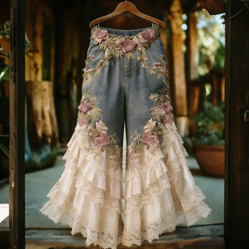 Women's Bohemian Floral Embroidered Patchwork Art Jeans