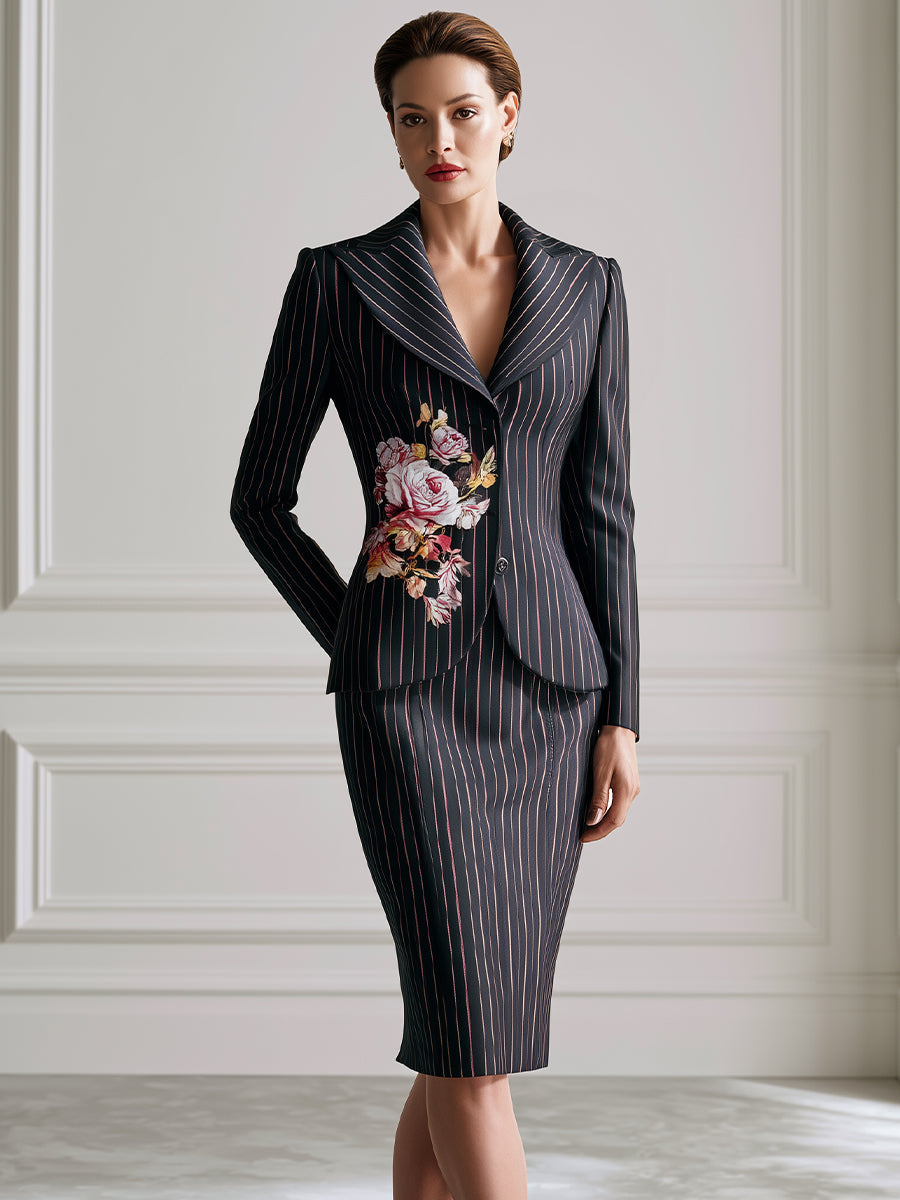 Floral Pinstripe Tailored Blazer And Pencil Skirt Set