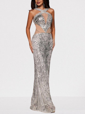 Cross-Over Silver Sequin Sleeveless Gown