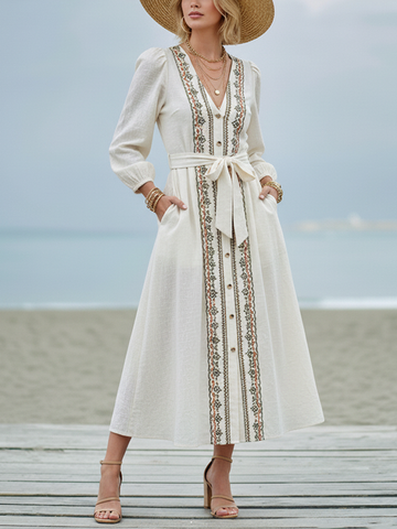 Women's Bohemian Off-White Linen-Cotton Embroidered Tie-Waist Maxi Dress MDZ2193D1GMJ