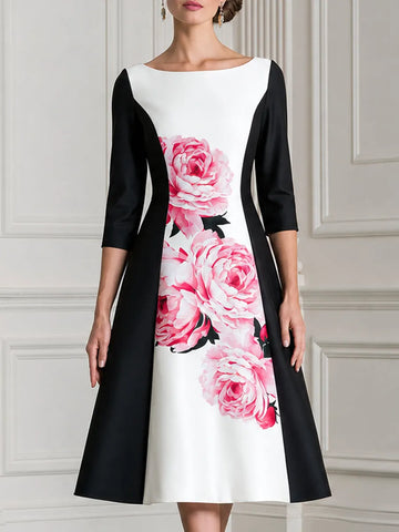 Pink Peony Print Boat Neck Color Block Satin Midi Dress