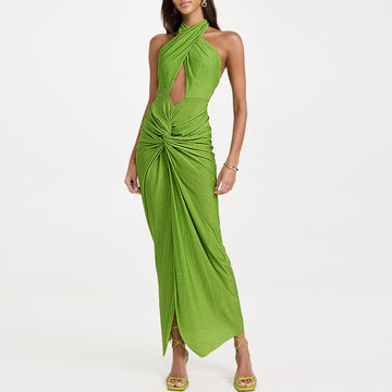 Shiny Texture Pleated Design One Piece Halter Swimsuit and Skirt