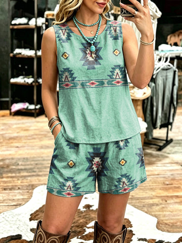 Women's Vintage Sleeveless Patchwork Casual Suit