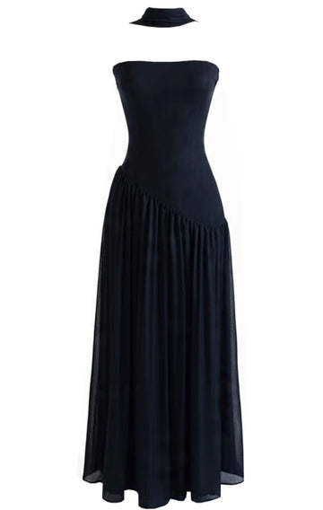 Strapless Scarf A Line Maxi Dress Black