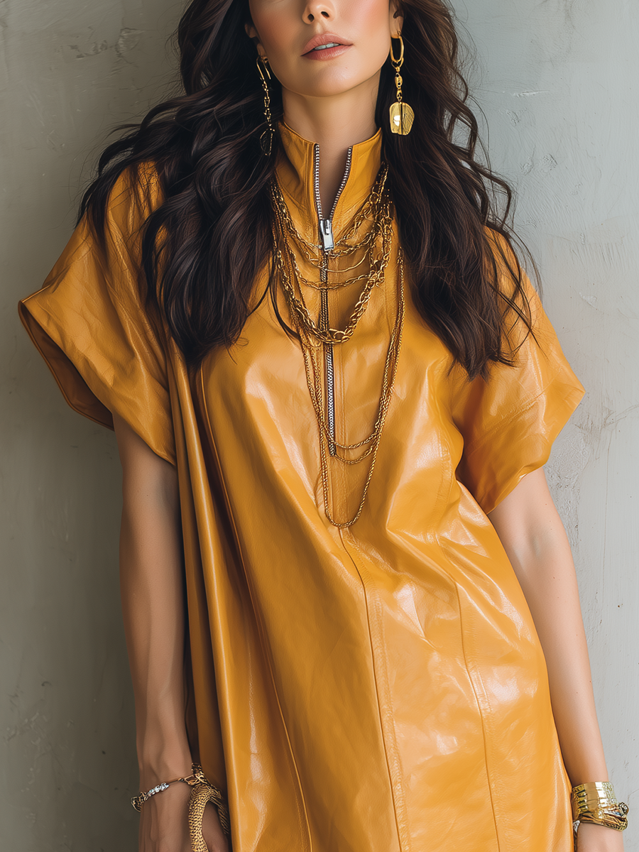 Honey Yellow PU Short-sleeved Dress