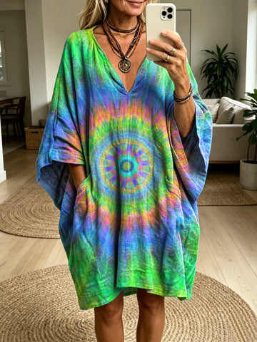 Women's Retro Hippie Kaleidoscope Tie-Dye Art Print Batwing Sleeve Casual Fashion Dress