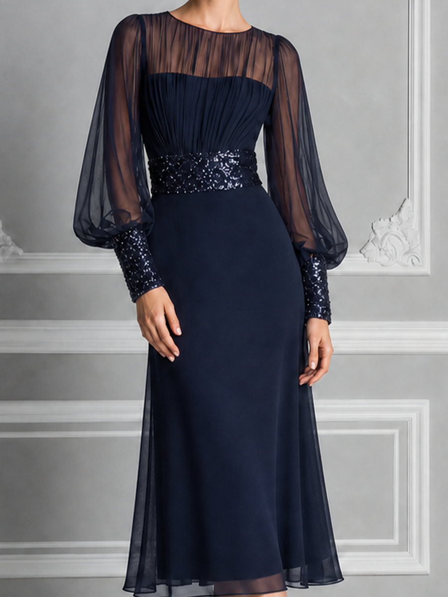 Navy Sheer Chiffon Bishop Sleeve Sequin Waist A-Line Midi Dress