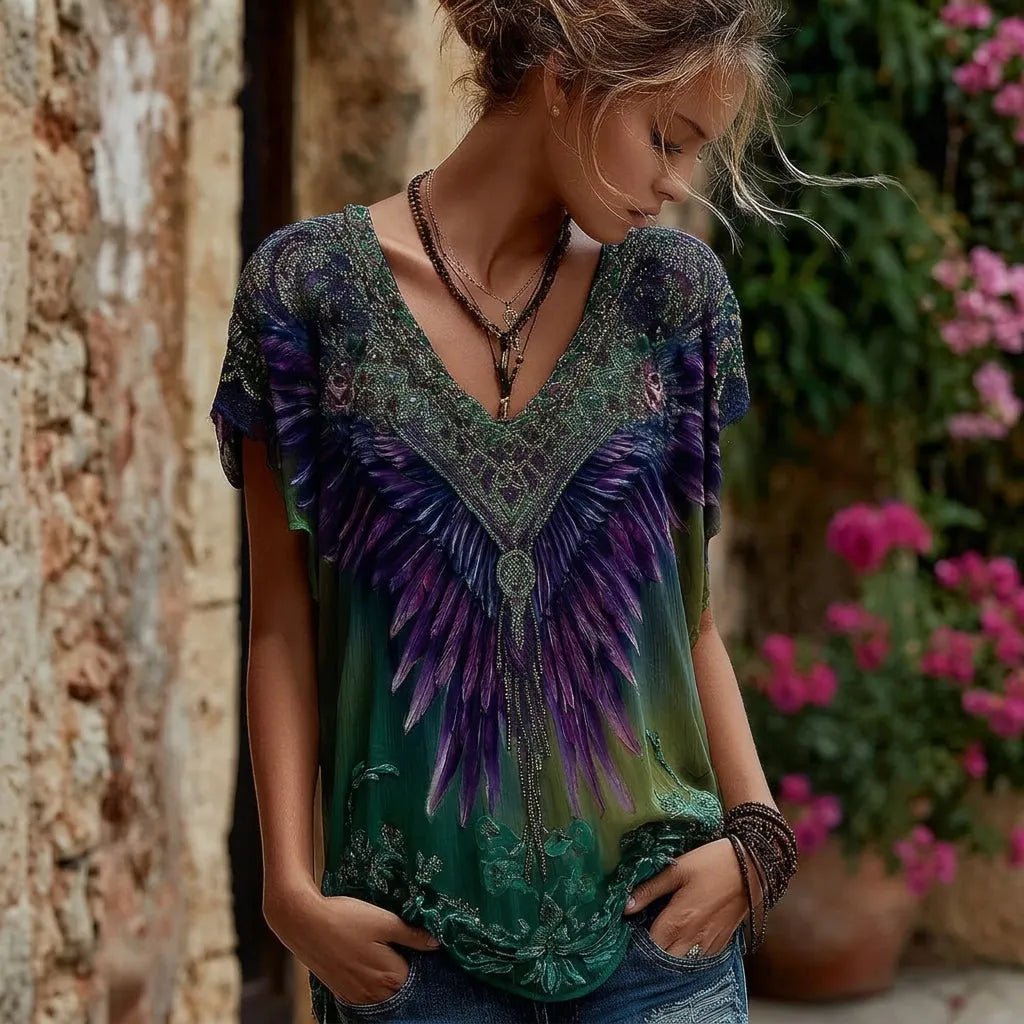 Women's Retro Viking Wings Embroidery Art Pattern T-shirt