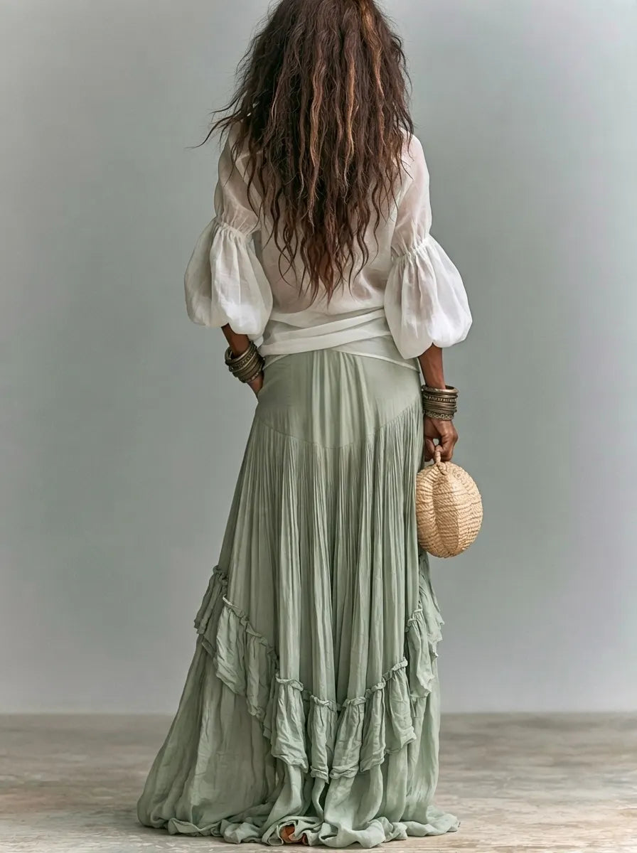 Lantern-Sleeve Shirt and Ruffled Skirt Bohemian Two-Piece Set