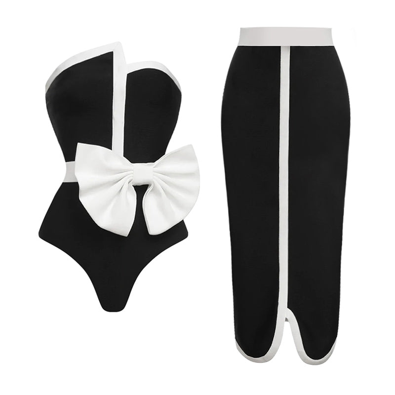 Off Shoulder Bow Tie One Piece Swimsuit and Skirt Flaxmaker