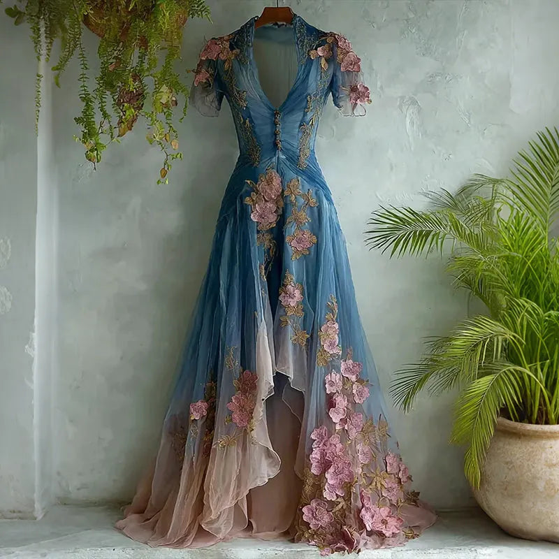 Women's Elegant Gradient Flowers Embroidery Art Irregular Maxi Dress