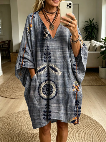 Women's Bohemian Floral Art Print Casual Fashion Batwing Sleeve Dress