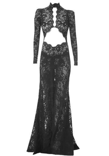 Long Sleeve Cut Out Lace Maxi Dress Black
