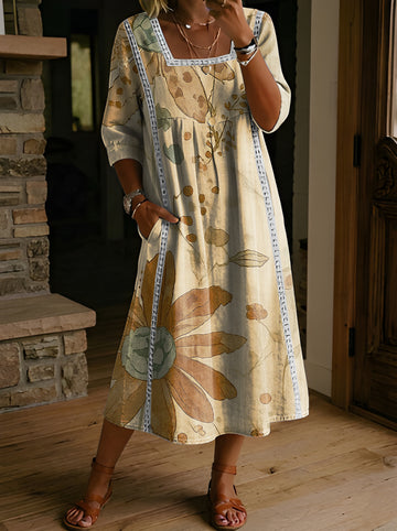 Women's Folk Printed Square Neck Hollow Cotton Pocket Dress