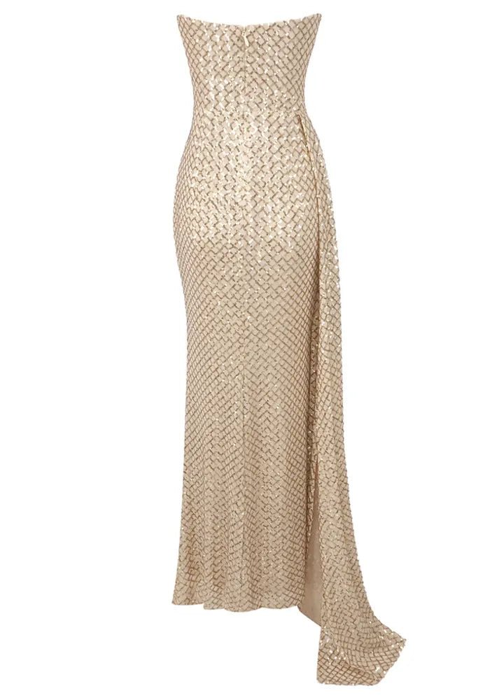 Strapless Sequin Draped Maxi Dress Gold