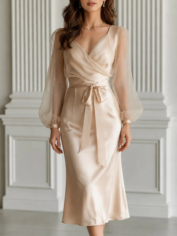 Satin V-Neck Organza Puff Sleeve Sash Bow Midi Dress