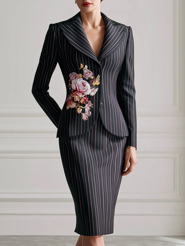 Floral Pinstripe Tailored Blazer And Pencil Skirt Set