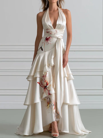 Floral Asymmetrical Ruffle Halter Satin Evening Gown