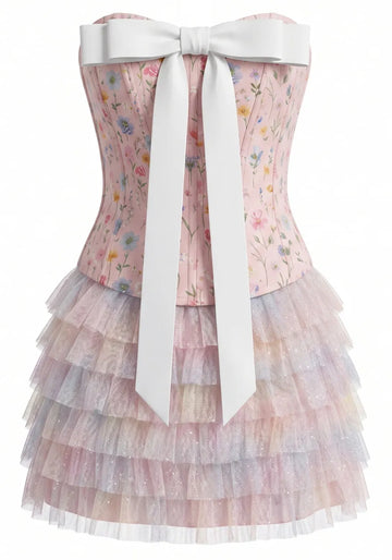 Strapless Floral Mesh Ruffle Dress Pink