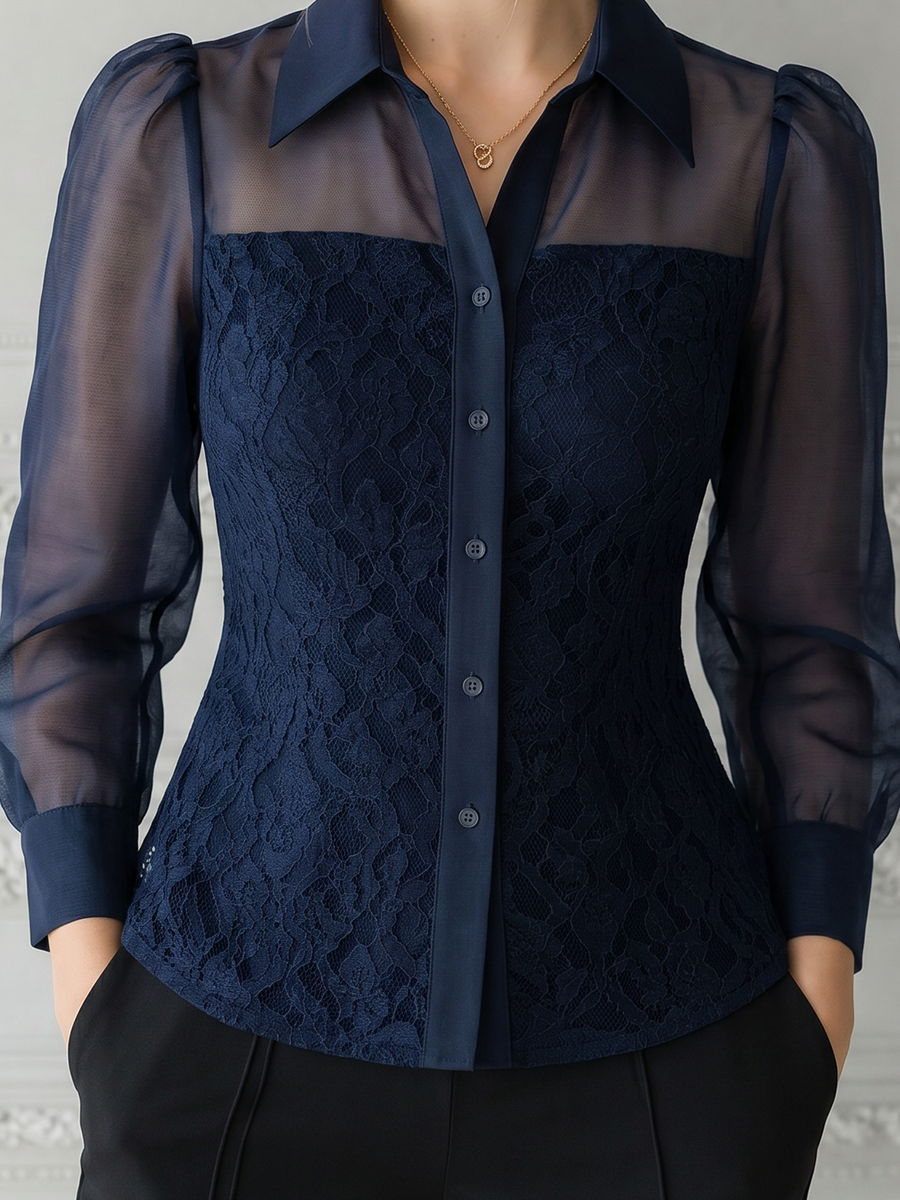 Navy Lace Sheer Sleeve Button Front Blouse