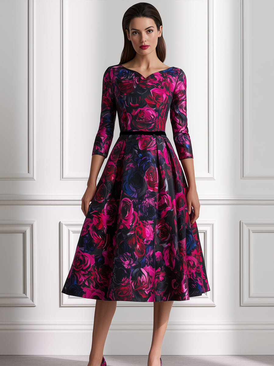 Rose Print Fit-and-Flare Midi Dress