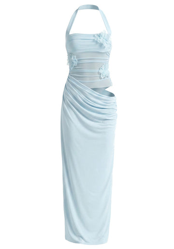 Halter Floral Mesh Maxi Dress Blue