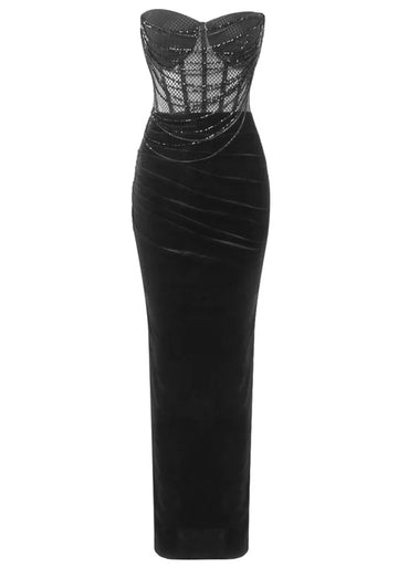 Strapless Sparkly Corset Maxi Velvet Dress Black