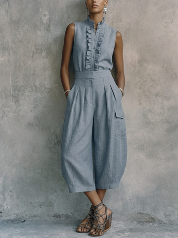 Women's Casual Gray-Blue Cotton Linen Stand-Up Collar Ruffled Button Design Fitted Waist Cropped Wide-Leg Jumpsuit MDZ2465D3GMJ