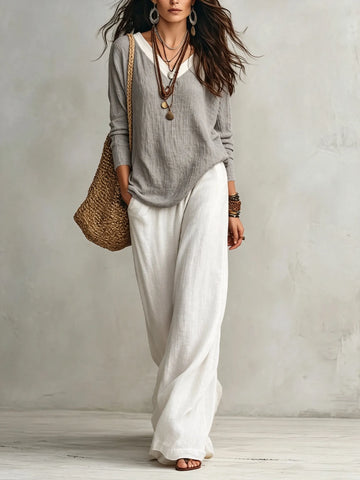 Grey V-neck Faux-layered Top And White Elastic-waist Wide-leg Pants Set