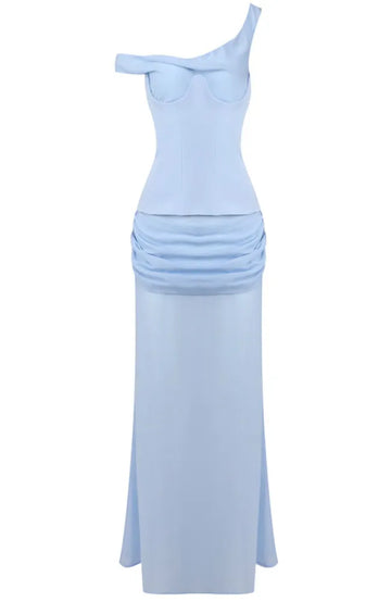 One Shoulder Corset Draped Maxi Dress Blue