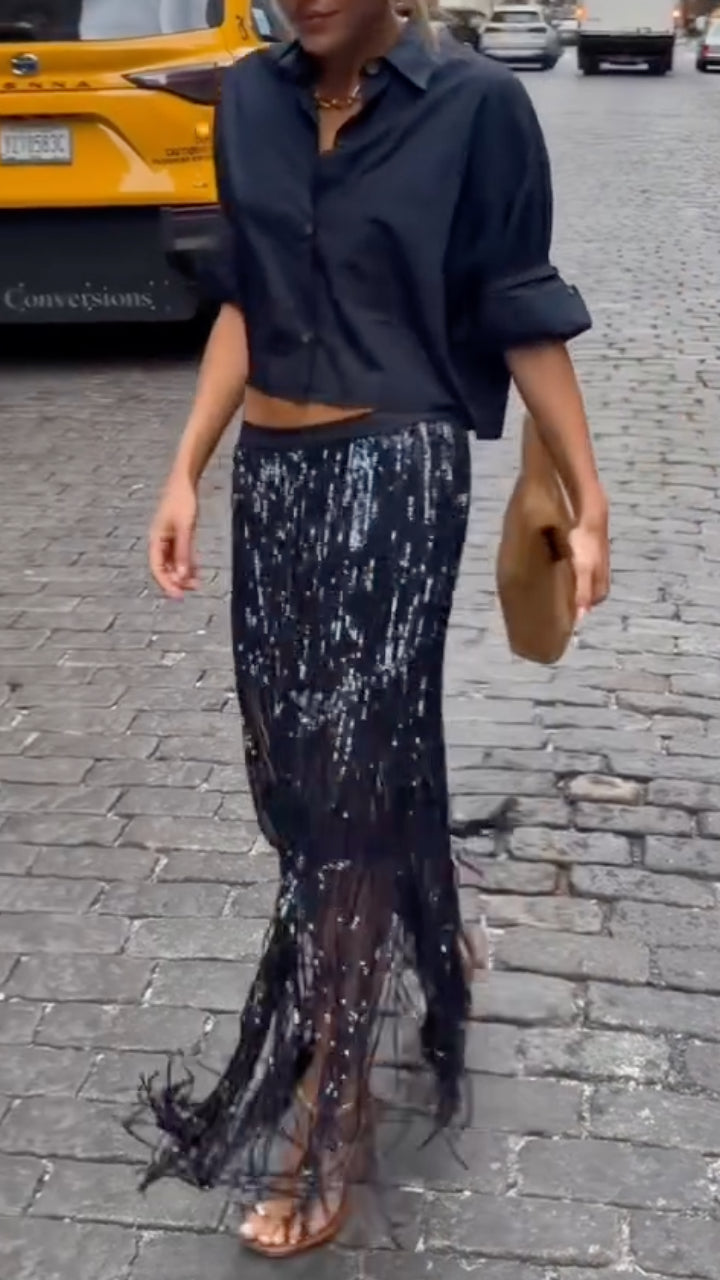 Navy Cropped Shirt & Sequin Fringe Midi Skirt
