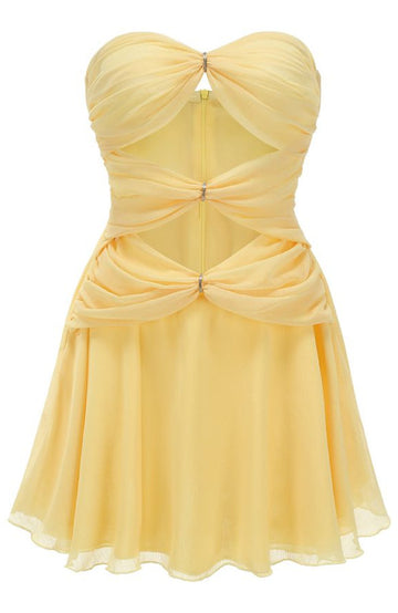 Strapless Ruched A Line Dress Yellow