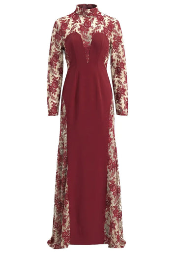 Long Sleeve Floral Lace Maxi Dress Burgundy