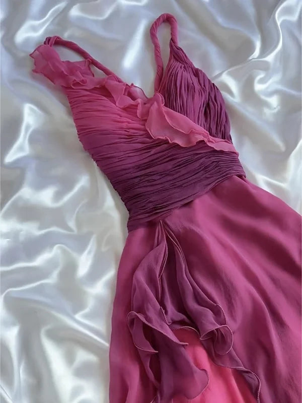 Pink Purple Fashion Gradient Ruffles Spaetti Straps Long/Short chiffon Homecoming Dresses Prom Dresses Evening Dresses Party Dresses Prom Dresses