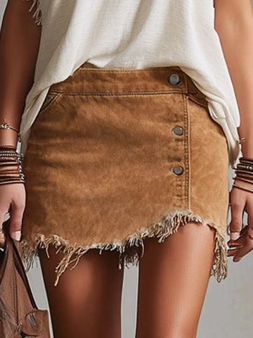 Western Retro Frayed Camel Denim Mini Skirt And Shorts