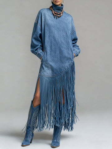 Ursime Daily Blue High Collar Lantern Sleeve Long Sleeve Strappy Western Pocket Denim Midi Dresses [Pre-Order]