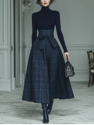 Women's Dark Blue High Elastic Knit And Plaid Wool Skirt Set MDA2592J7T
