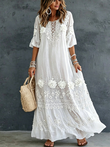 Women's Vintage Romantic White Floral Art Linen Blend Round Neck Maxi Dress