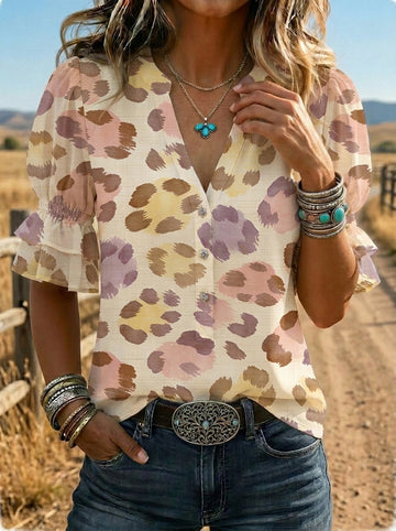 Women's Retro Leopard Floral Puff Sleeve Casual Shirt