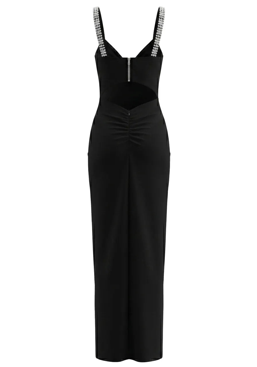 Crystal Embellished V Neck Maxi Dress Black